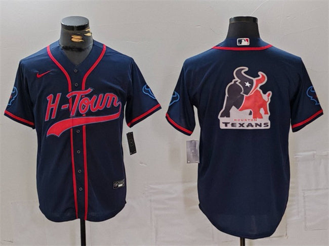 Men's Houston Texans Team Big Logo Navy With Patch Cool Base Stitched Baseball Jersey