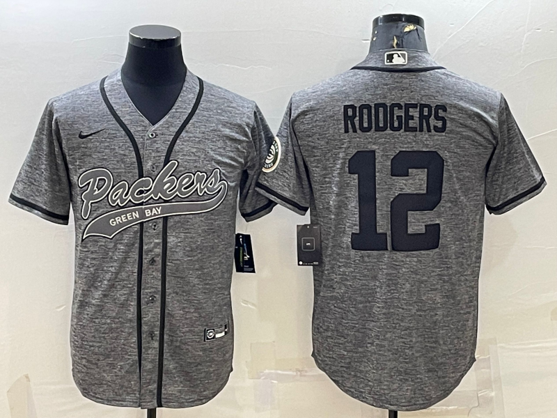 Mens Green Bay Packers #12 Aaron Rodgers Grey With Patch Cool Base Stitched Baseball Jersey