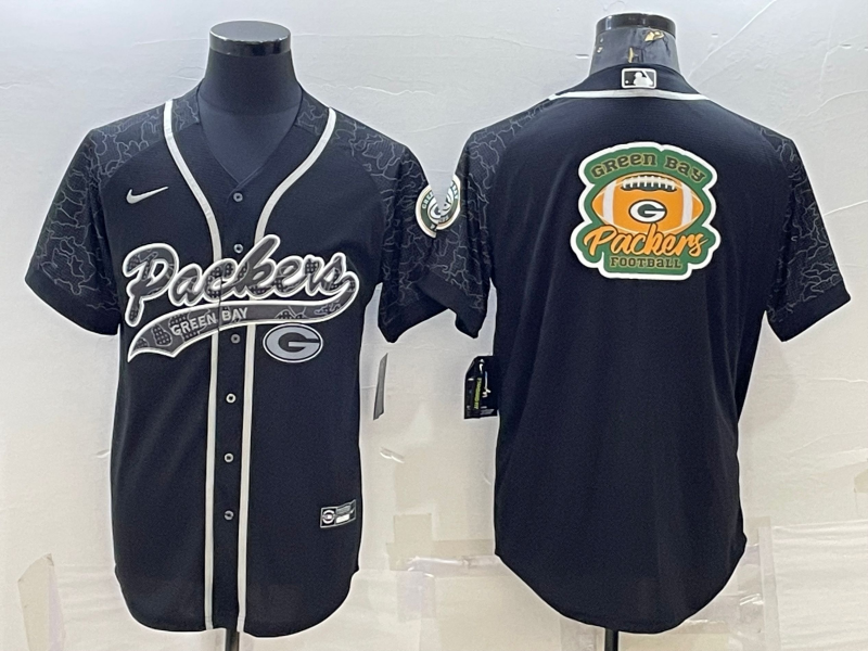 Mens Green Bay Packers Black Reflective Team Big Logo With Patch Cool Base Stitched Baseball Jersey
