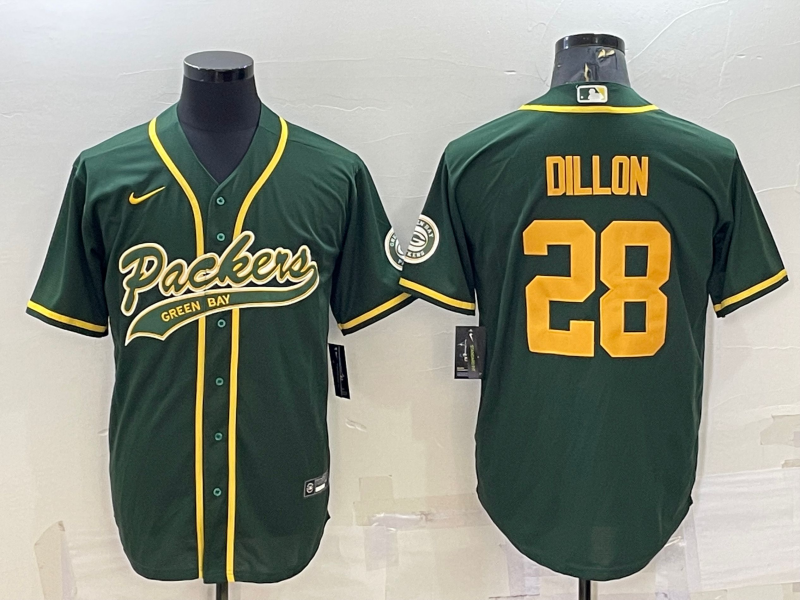 Mens Green Bay Packers #28 AJ Dillon Green Gold With Patch Cool Base Stitched Baseball Jersey