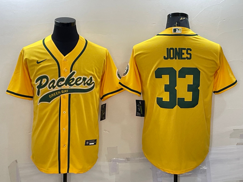Mens Green Bay Packers #33 Aaron Jones Gold With Patch Cool Base Stitched Baseball Jersey