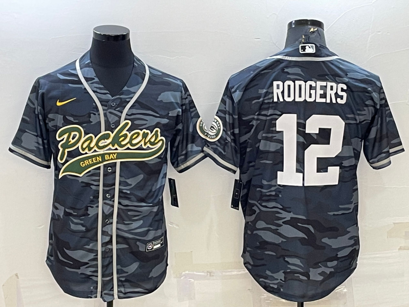 Mens Green Bay Packers #12 Aaron Rodgers Grey Camo With Patch Cool Base Stitched Baseball Jersey