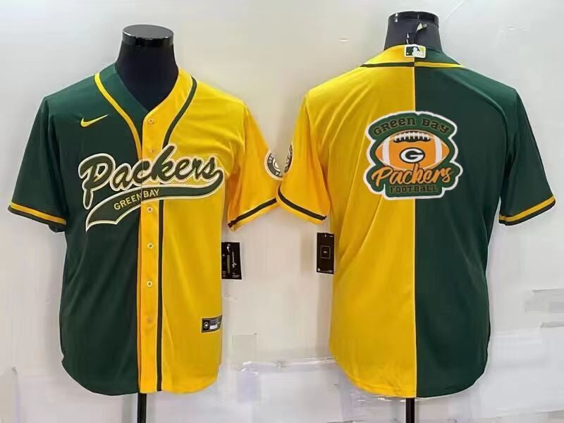 Mens Green Bay Packers Blank Green/Yellow Split Team Big Logo With Patch Cool Base Stitched Baseball Jersey