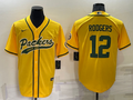 Mens Green Bay Packers #12 Aaron Rodgers Yellow Cool Base Stitched Baseball Jersey