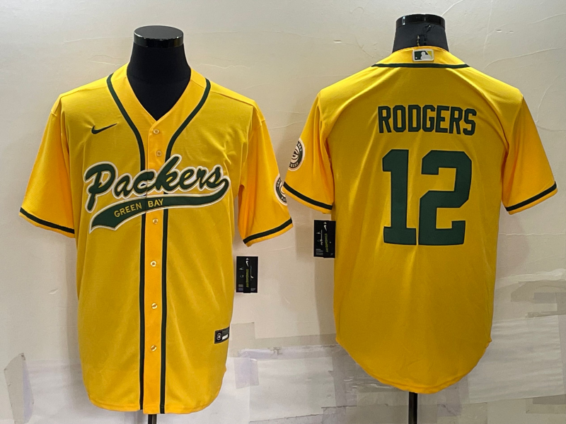 Mens Green Bay Packers #12 Aaron Rodgers Yellow Cool Base Stitched Baseball Jersey