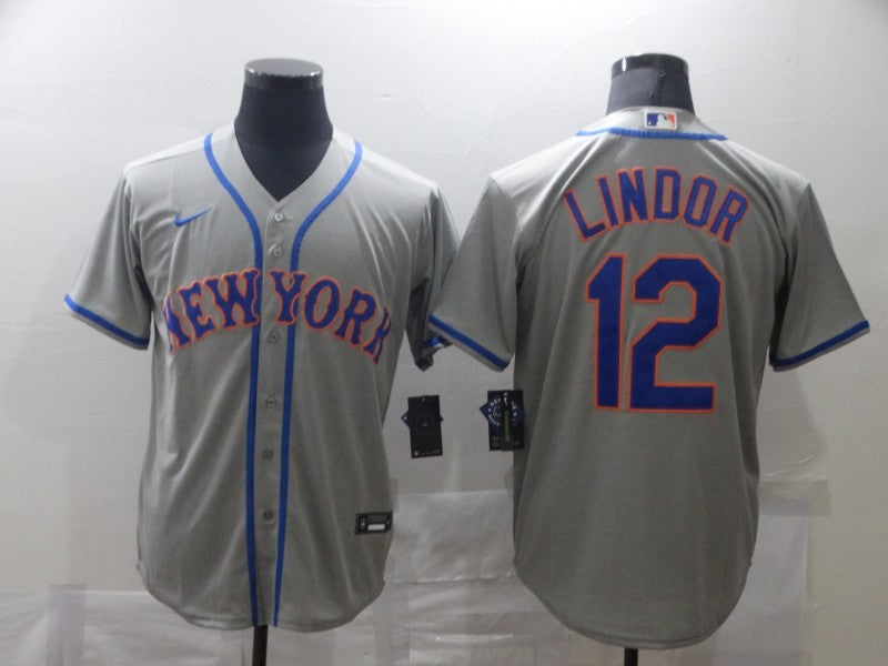 Men's New York Mets Francisco Lindor #12 Gray Baseball Jersey