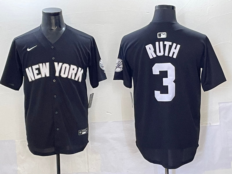 Men's New York Yankees Babe Ruth #3 Black Lights Out Jersey
