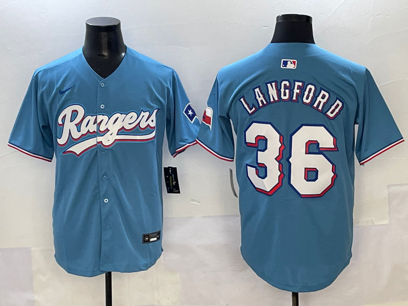 Men's Texas Rangers Wyatt Langford #36 Light Blue Jersey
