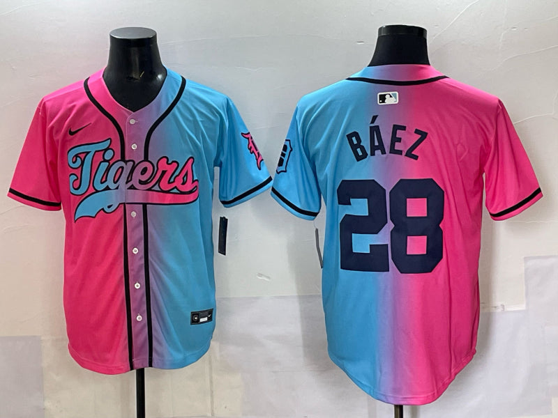 Men's Detroit Tigers Javier Baez #28 Pink/Blue Jersey